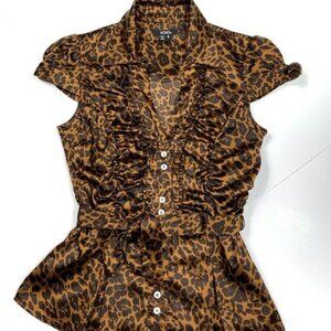 XOXO Leopard Print Fit & Flare Pleated Top Size Juniors Small Y2K Look
